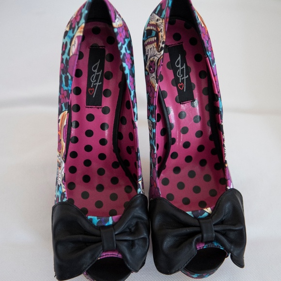 Iron Fist Kisumu Leopard Floral Sugar Skulls Peep Toe Pin Up Heels Rockabilly 9 - Picture 5 of 5